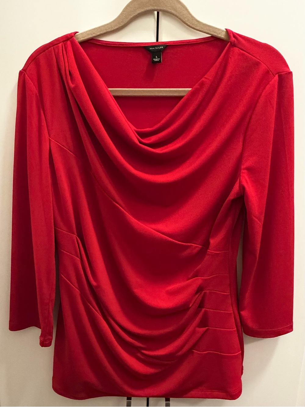 Ann Taylor Red Draped Cowl-Neck 3/4  Sleeve Top